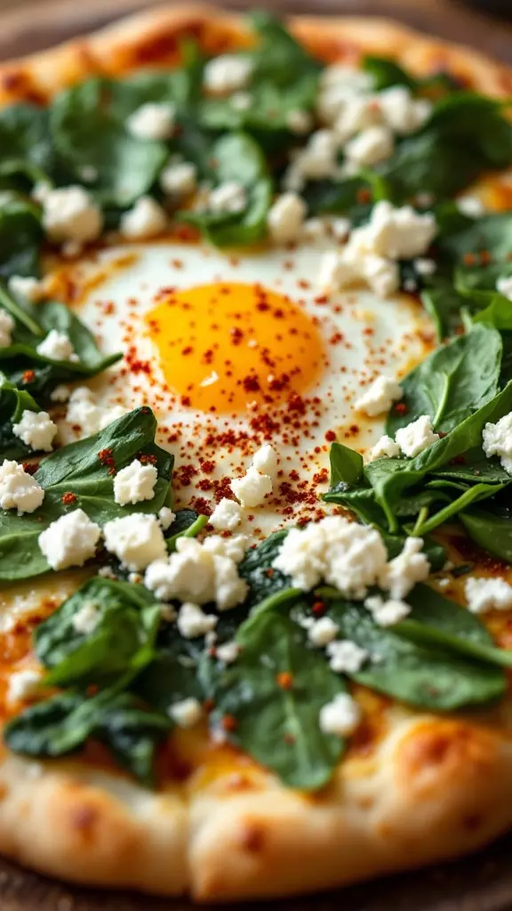 This vegetarian spinach and feta pizza is a fresh take on a classic favorite. The combination of creamy feta and vibrant spinach makes each bite a delight. With a sunny egg on top, it’s a satisfying meal that’s perfect for any time of day.