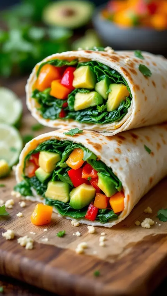 A delicious Veggie Sunrise Burrito filled with colorful vegetables like avocado, bell peppers, and spinach, served on a wooden board.