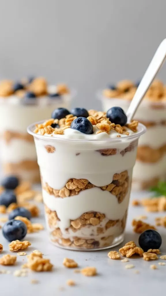 A close-up of yogurt and granola cups topped with blueberries and scattered granola.