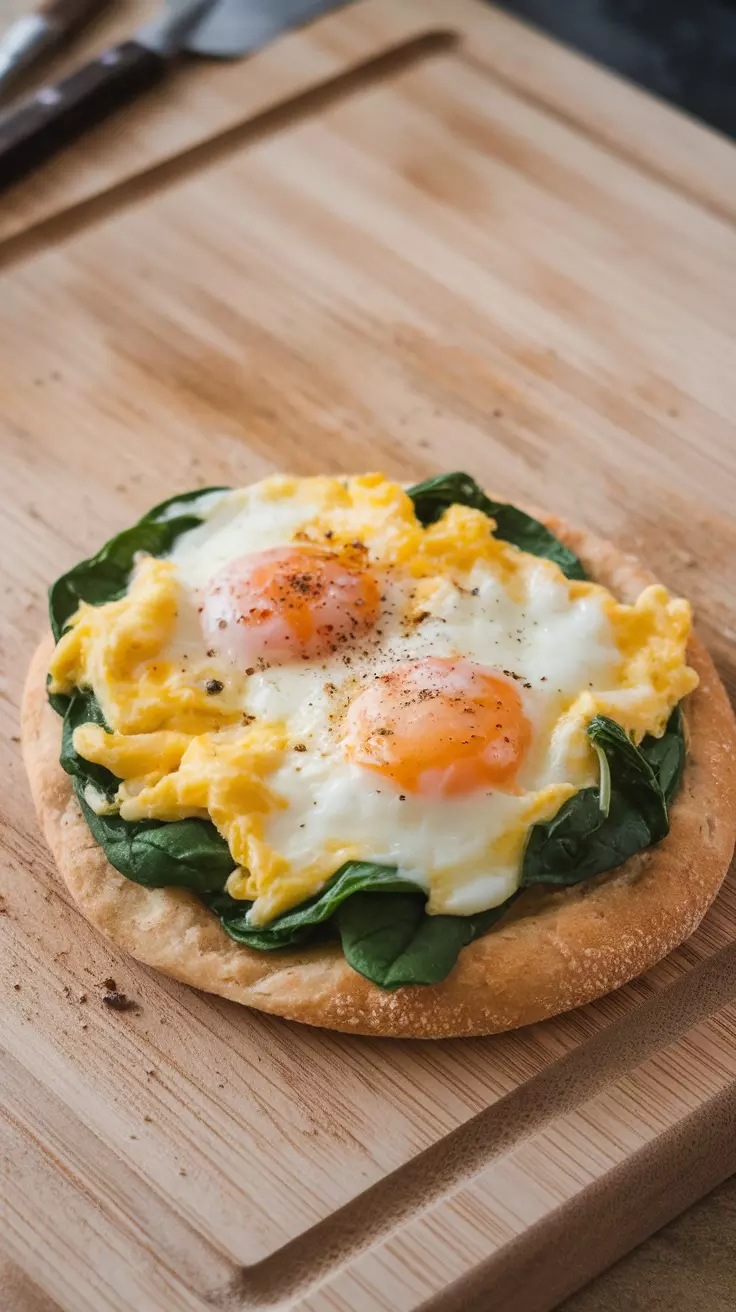 A delicious breakfast flatbread topped with spinach and eggs.