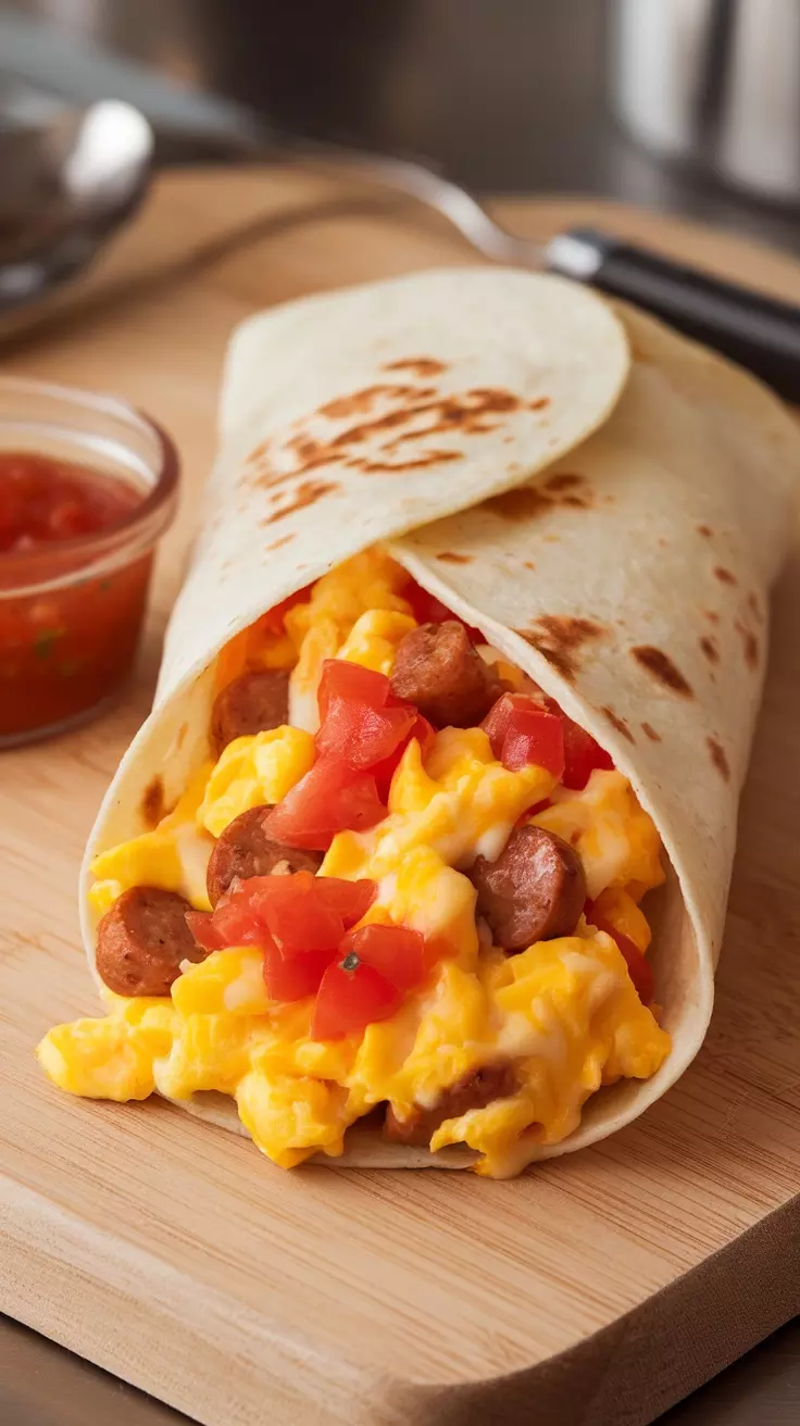 Delicious breakfast burrito with scrambled eggs, sausage, and tomatoes.