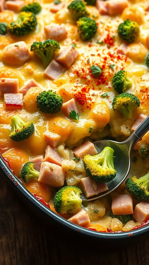 A baked ham and broccoli casserole with melted cheese, served in a rustic dish on a wooden table.