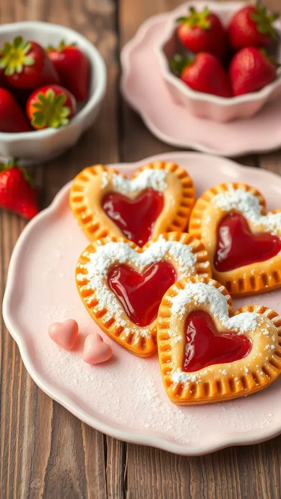 Heart-shaped strawberry pop tarts with jam, dusted with powdered sugar, on a wooden table with fresh strawberries.