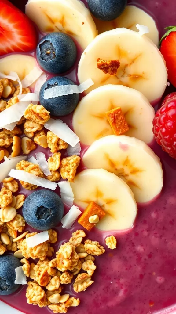 A colorful acai bowl topped with banana slices, blueberries, granola, and strawberries.