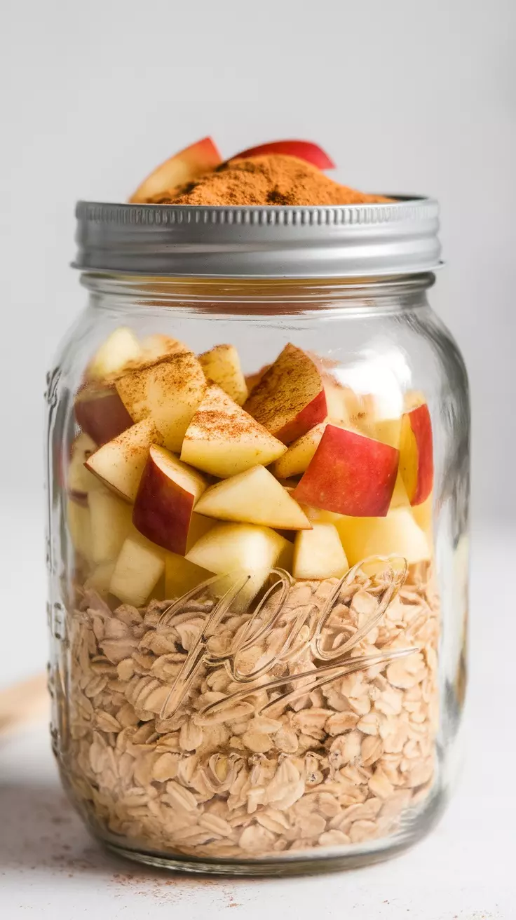 A jar of overnight oats with chopped apples and cinnamon on top