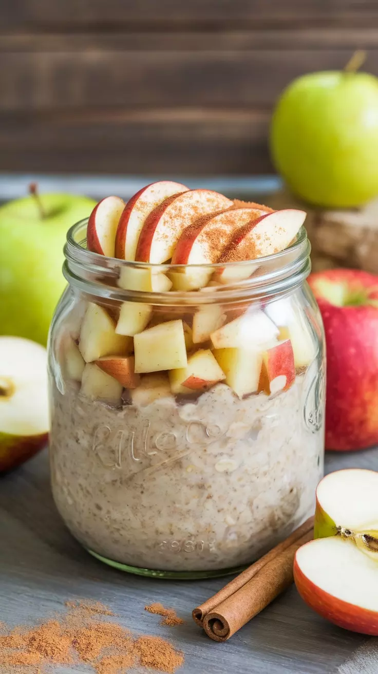 A jar of apple cinnamon overnight oats topped with fresh apple slices and cinnamon.