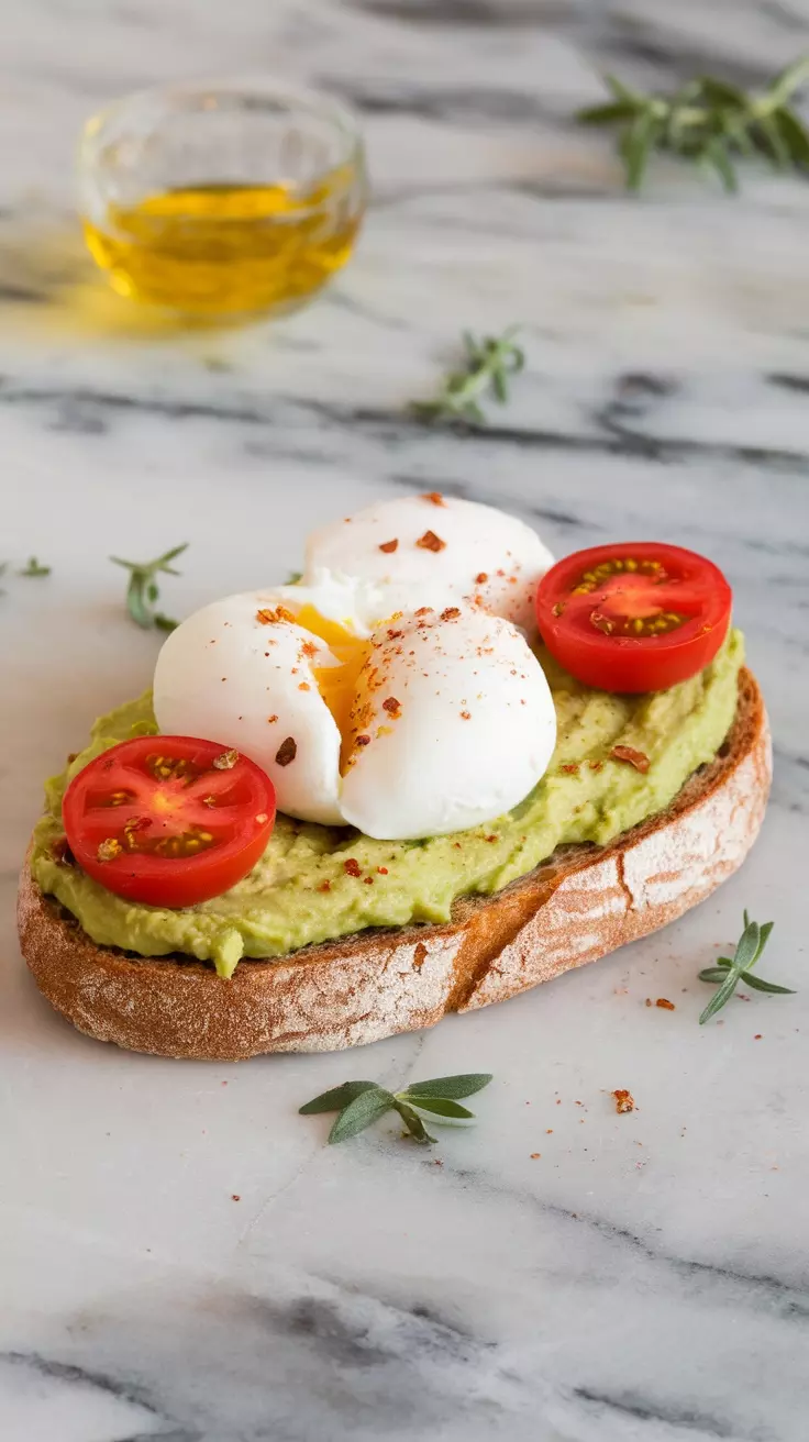 Avocado toast topped with poached eggs and cherry tomatoes