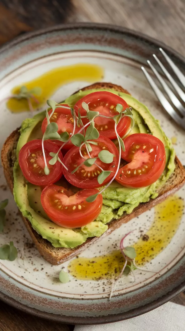 Avocado toast topped with cherry tomatoes is a tasty and nutritious way to start your day. The creamy avocado pairs perfectly with the juicy tomatoes and a sprinkle of seasoning. It’s simple, colorful, and packed with healthy fats and vitamins!