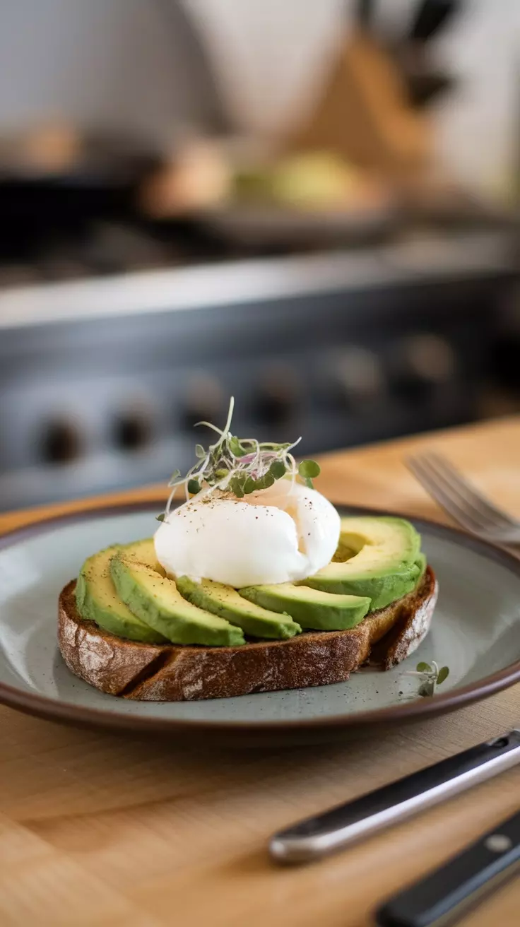 Avocado toast with a poached egg is a simple and tasty breakfast. Just mash some ripe avocado on your favorite bread and top it with a perfectly poached egg. Sprinkle a little salt and pepper, and you’re ready to enjoy a delicious morning treat!