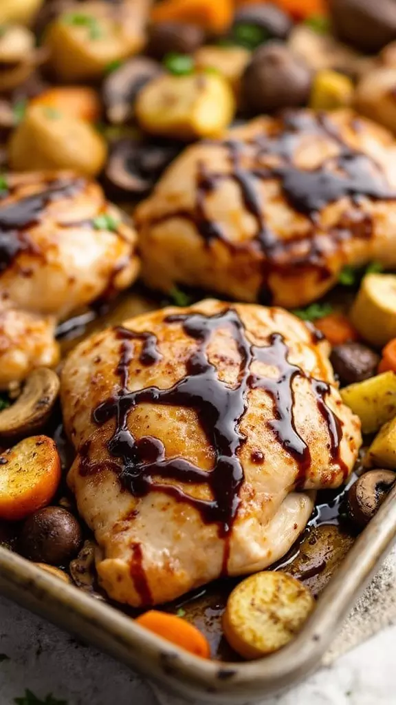 Balsamic glazed chicken thighs are a delicious weeknight meal that everyone will love. This recipe pairs juicy chicken with tender mushrooms and vibrant veggies for a satisfying dish. You can find the full recipe here!