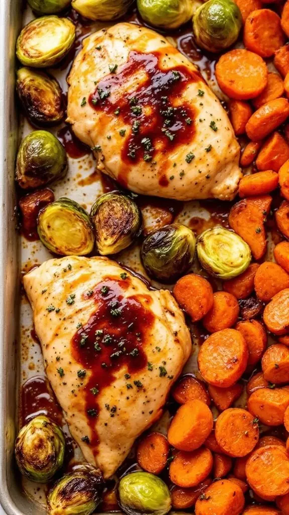 This Balsamic Glazed Chicken is a game changer for dinner time! It pairs tender chicken with roasted Brussels sprouts and carrots, bringing vibrant flavors to your table. Check out the full recipe here for an easy meal everyone will love!