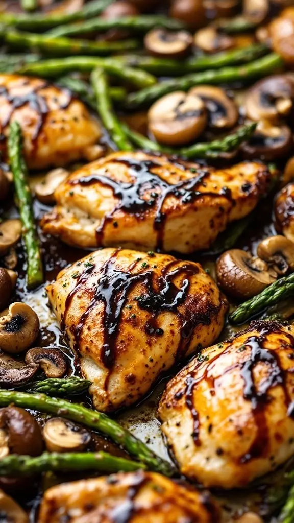 This sheet pan dinner is super easy and packed with flavor. The balsamic glaze brings out a delicious sweetness that pairs perfectly with tender chicken, mushrooms, and crisp asparagus. For a full recipe, check out this link!