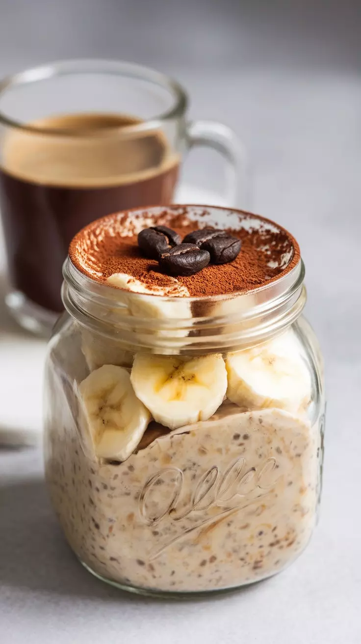 A jar of banana cappuccino overnight oats topped with cocoa powder and coffee beans beside a cup of coffee.