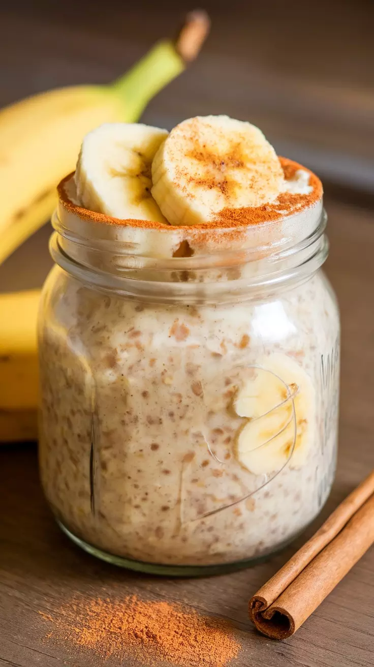 A jar of banana cinnamon overnight oats topped with banana slices and cinnamon, with a banana and cinnamon sticks in the background.