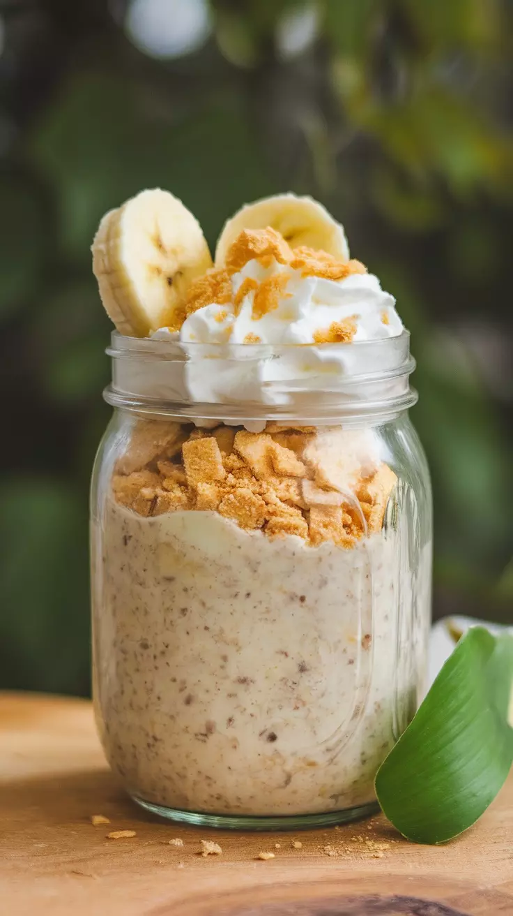 Jar of Banana Cream Pie Overnight Oats topped with banana slices and whipped cream