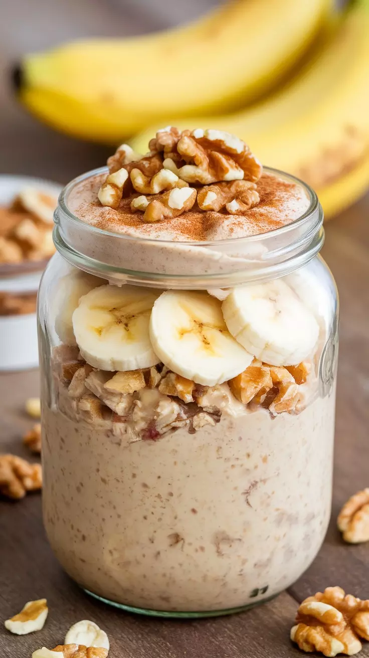 A jar of banana nut overnight oats topped with banana slices and walnuts.