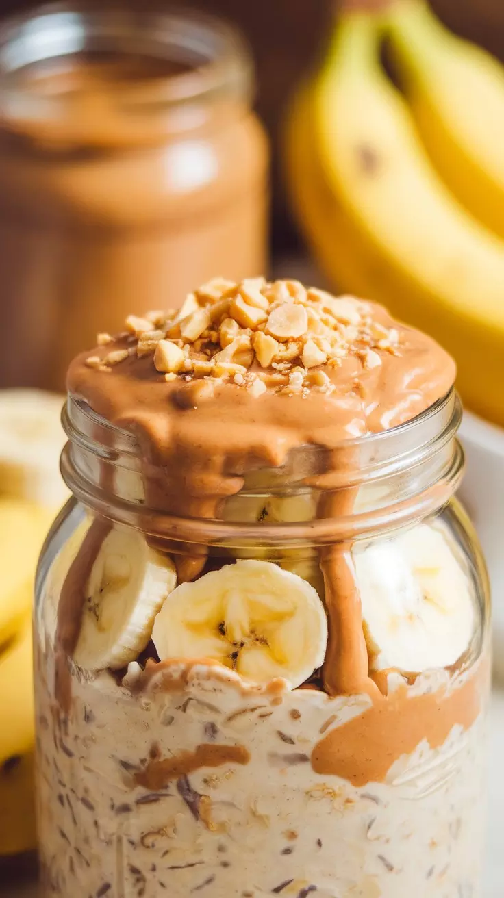 A jar of banana peanut butter overnight oats topped with sliced bananas and crushed peanuts.