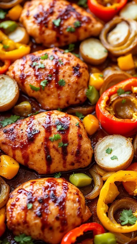 This BBQ chicken sheet pan dinner is a total winner! Juicy chicken breasts are coated in tangy BBQ sauce and roasted alongside colorful bell peppers and onions. It’s a simple meal that’s sure to please the whole family, and you can find the full recipe here!