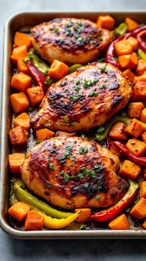 This BBQ chicken sheet pan meal is a total winner for busy weeknights. Just toss some sweet potatoes and bell peppers together with chicken on a single pan, drizzle with your favorite BBQ sauce, and bake. In no time, you'll have a delicious dinner that's easy to clean up!