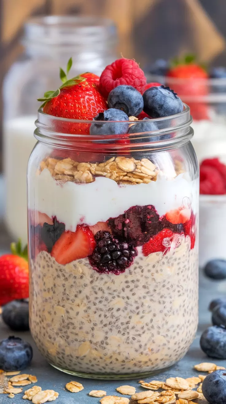 A jar of Berry Bliss Overnight Oats with layers of oats, yogurt, and mixed berries.