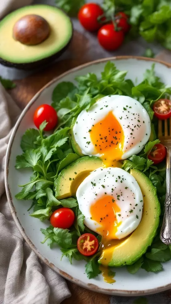 Start your day right with a plate of poached eggs and avocado. Pairing creamy avocado with fresh greens and cherry tomatoes makes for a colorful, low-carb breakfast. Check out this amazing recipe for a delicious twist!