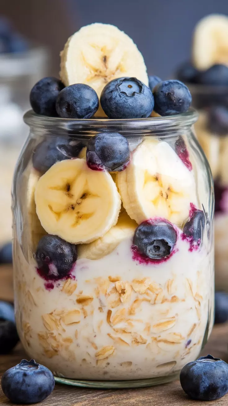 A jar of blueberry banana overnight oats topped with fresh bananas and blueberries