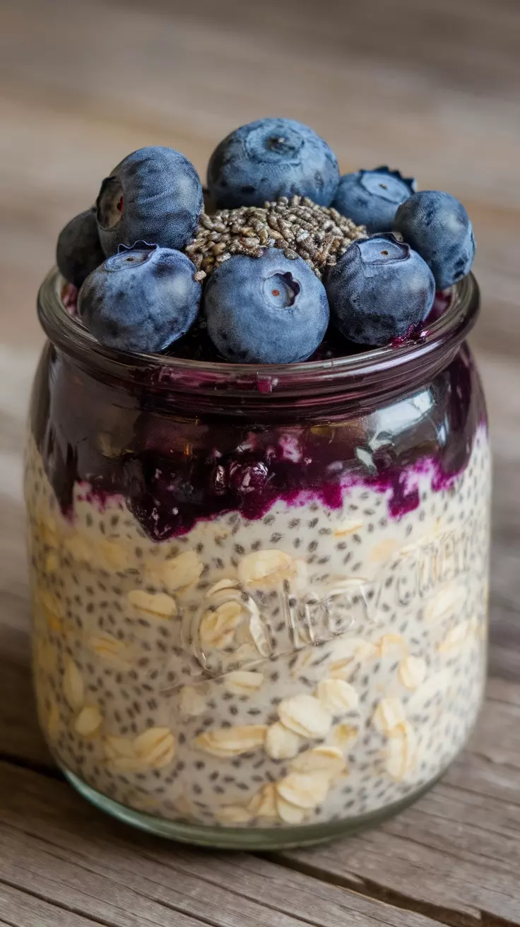 A jar of blueberry blast overnight oats topped with fresh blueberries and chia seeds.