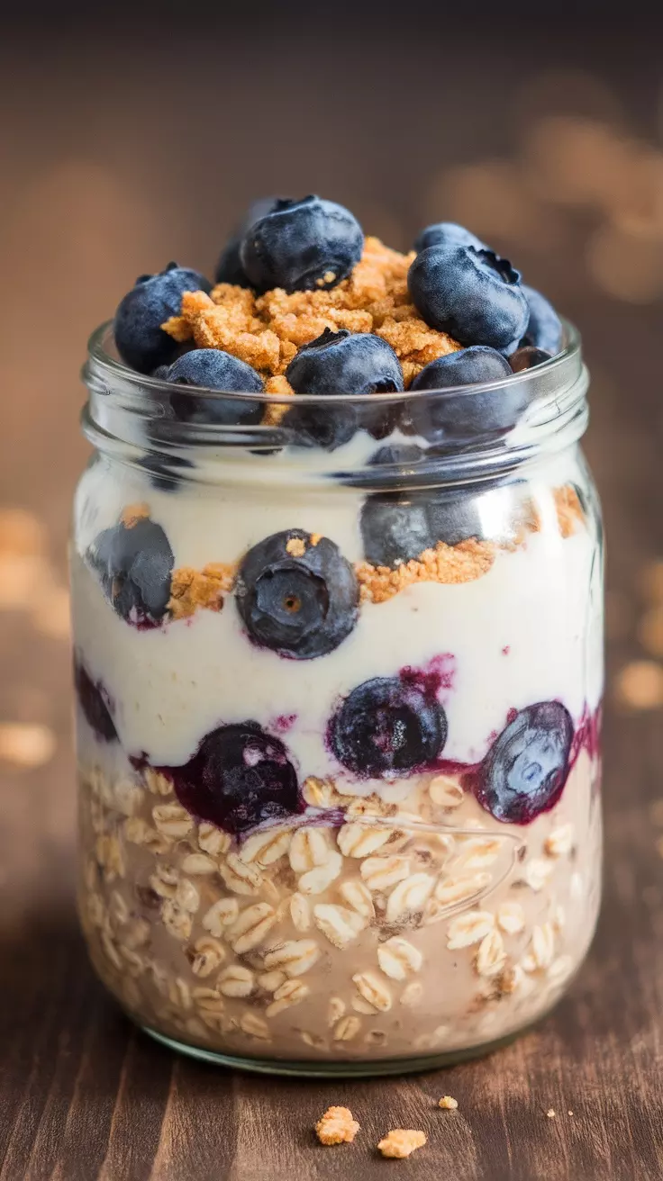 These Blueberry Cheesecake Overnight Oats are a delicious way to start your day. With layers of creamy yogurt, fresh blueberries, and crunchy graham cracker crumbs, they taste just like dessert! Check out the full recipe for a tasty breakfast option you won't want to miss: Blueberry Cheesecake Overnight Oats.