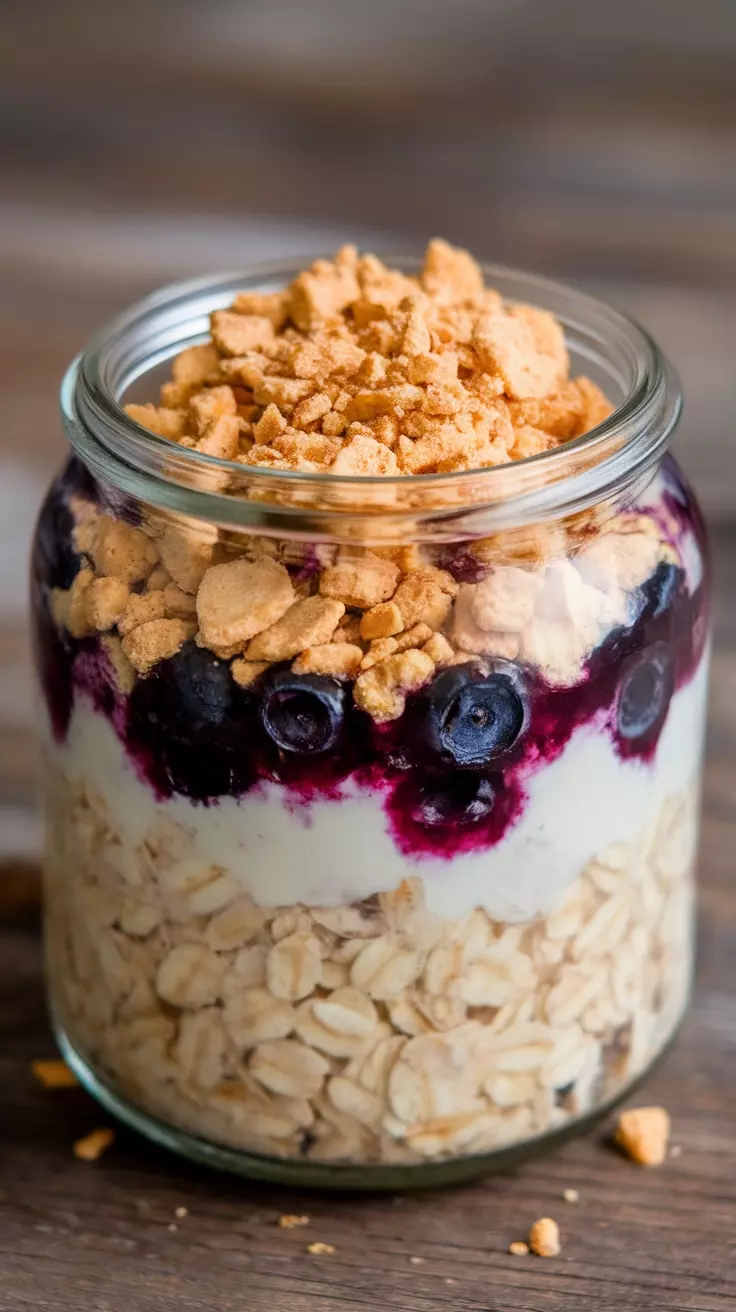 A jar of blueberry cheesecake overnight oats with layers of oats, yogurt, blueberries, and graham cracker crumbs.