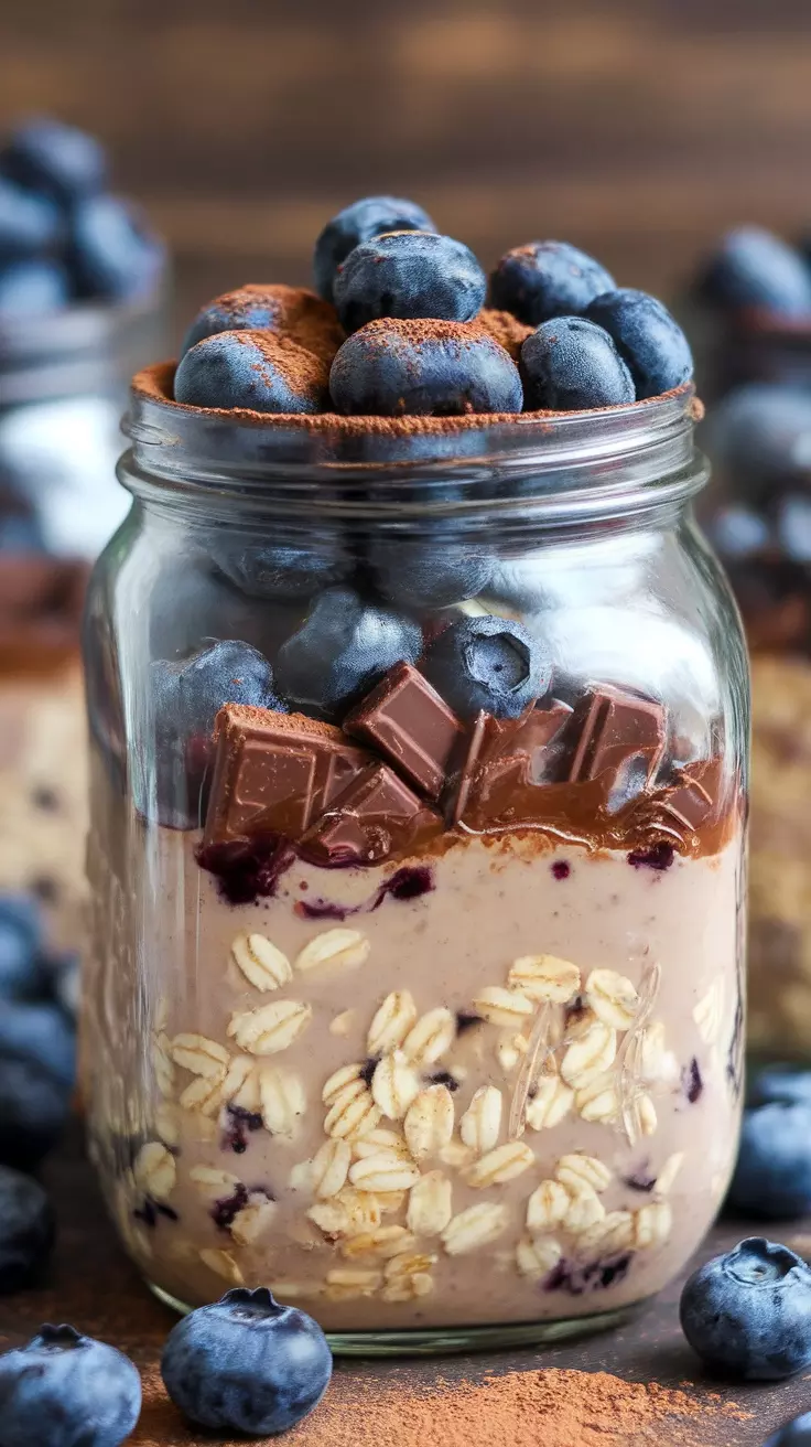 Start your morning right with these tasty blueberry chocolate overnight oats! This easy recipe combines creamy oats with fresh blueberries and a hint of chocolate for a delicious breakfast treat. You can find the full recipe here.