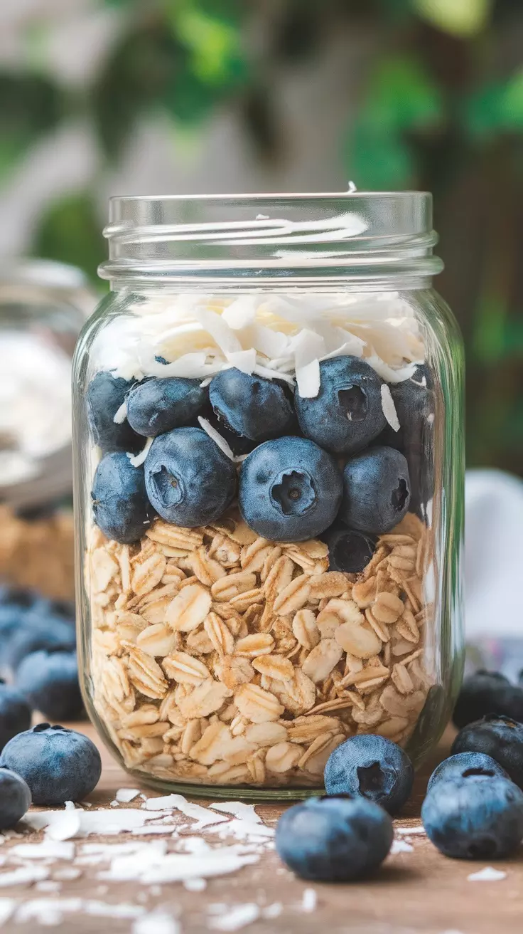 A jar of blueberry coconut overnight oats with blueberries and shredded coconut on top.