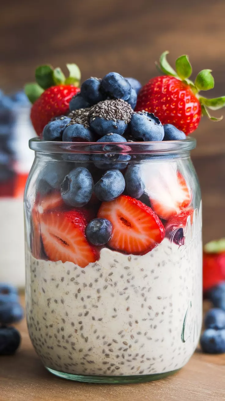 A jar of blueberry and strawberry overnight oats topped with fresh fruits