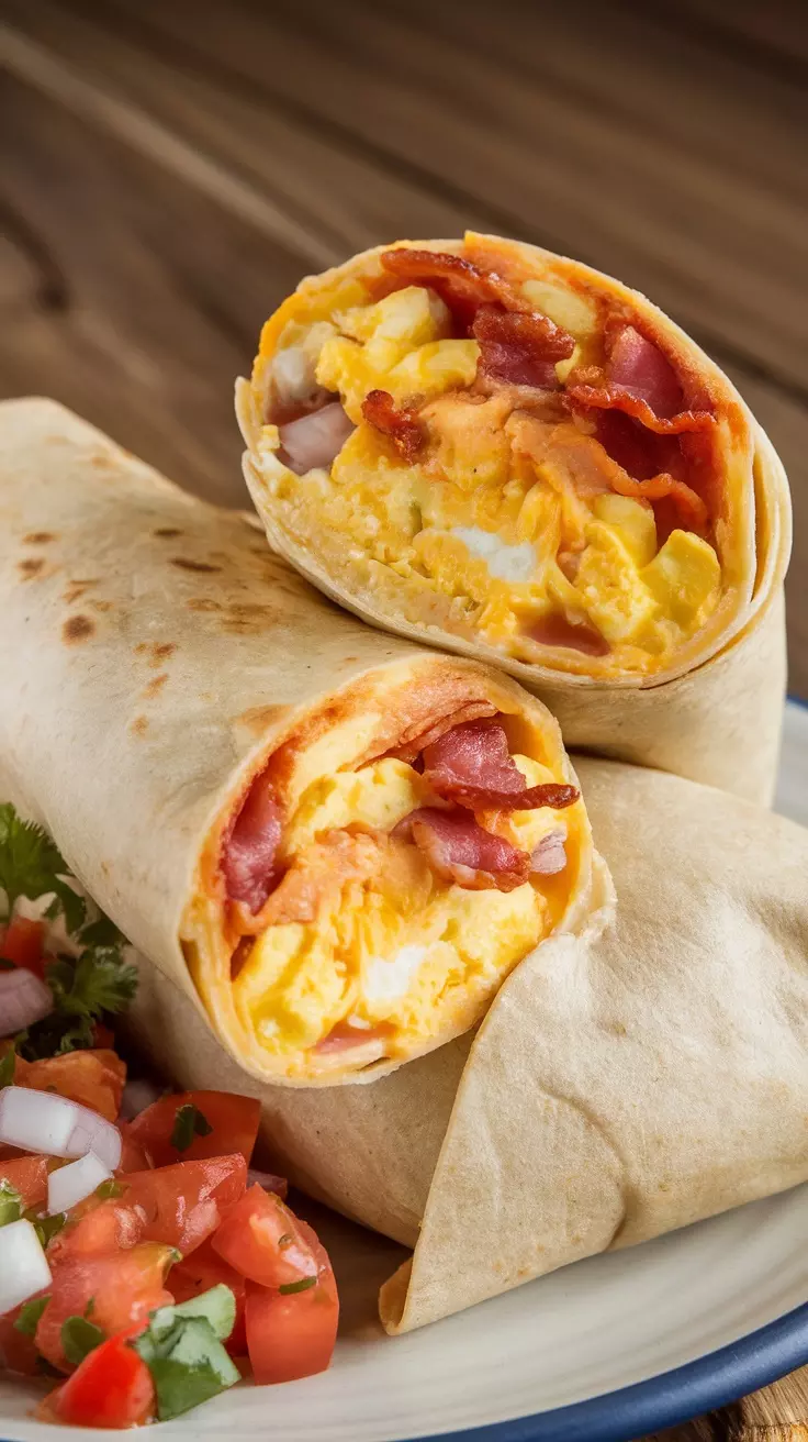 This breakfast burrito is a quick and tasty choice for the morning rush. Filled with scrambled eggs, bacon, and a zesty salsa, it's sure to start your day off right. Roll it up and enjoy a delicious bite that packs a punch!