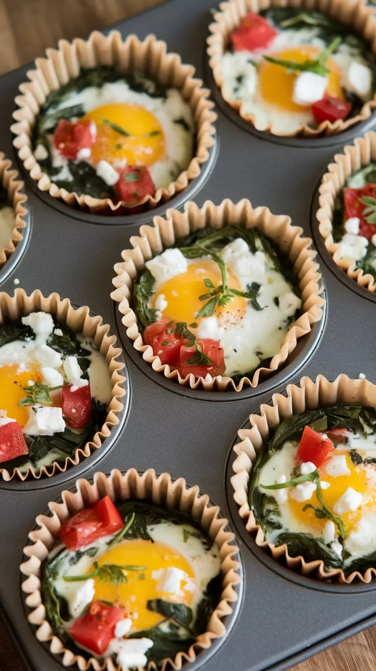 Breakfast egg muffin cups with spinach, tomatoes, and cheese in muffin tin.