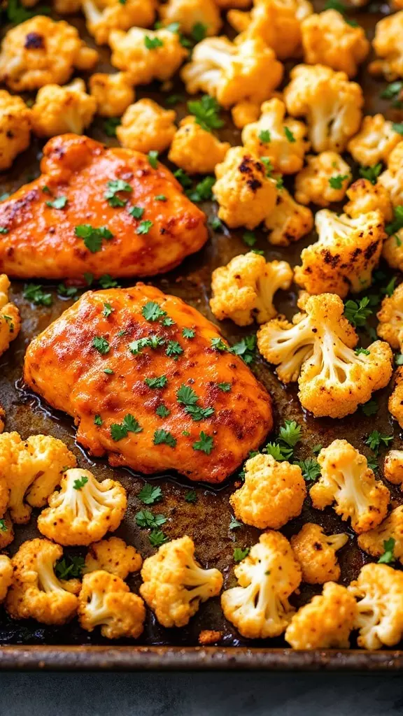 This Buffalo Chicken and Cauliflower Bake is a perfect choice for busy weeknights. Just toss chicken and cauliflower with some tangy buffalo sauce, then roast everything on a sheet pan. For a full recipe, check out this tasty Buffalo Chicken and Cauliflower Bake!