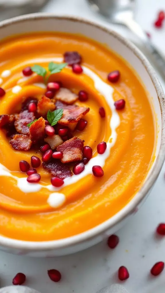 This creamy and savory butternut squash soup brings comfort to chilly days. With crispy bacon and sweet pomegranate seeds, it adds a delightful twist to a classic recipe. Perfect for a cozy night in or impressing friends at dinner parties!