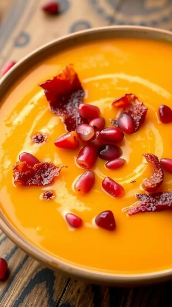 Bowl of butternut squash soup topped with bacon and pomegranate seeds.