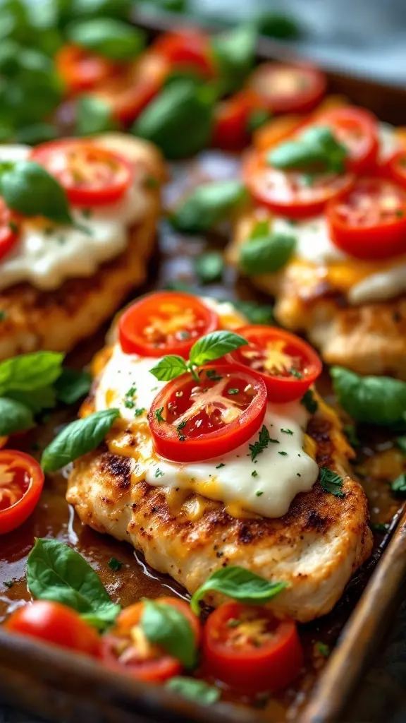 This Caprese Chicken Sheet Pan Dinner is a weeknight lifesaver. Juicy chicken breasts topped with fresh mozzarella, cherry tomatoes, and basil make a delicious meal that's easy to prep. Check out the full recipe here and enjoy a tasty dinner in no time!