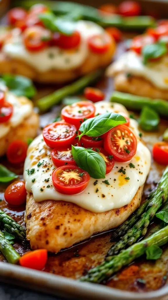 Caprese chicken is a fantastic way to enjoy fresh flavors without the fuss. This dish combines juicy chicken with creamy mozzarella, vibrant grape tomatoes, and crisp asparagus for a colorful meal. You can find the full recipe for this easy one-sheet dinner here!