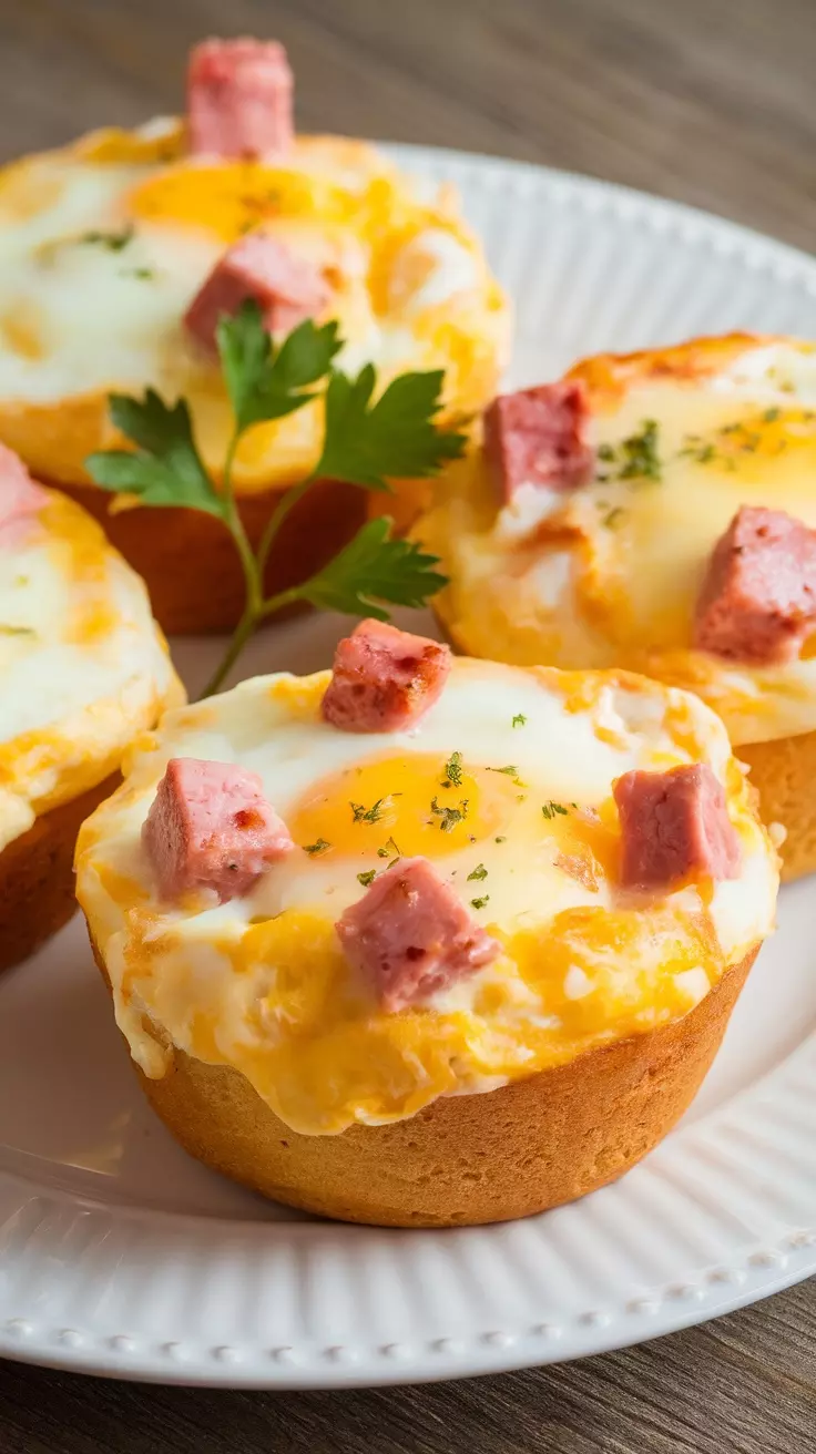 Cheesy ham and egg breakfast muffins on a plate