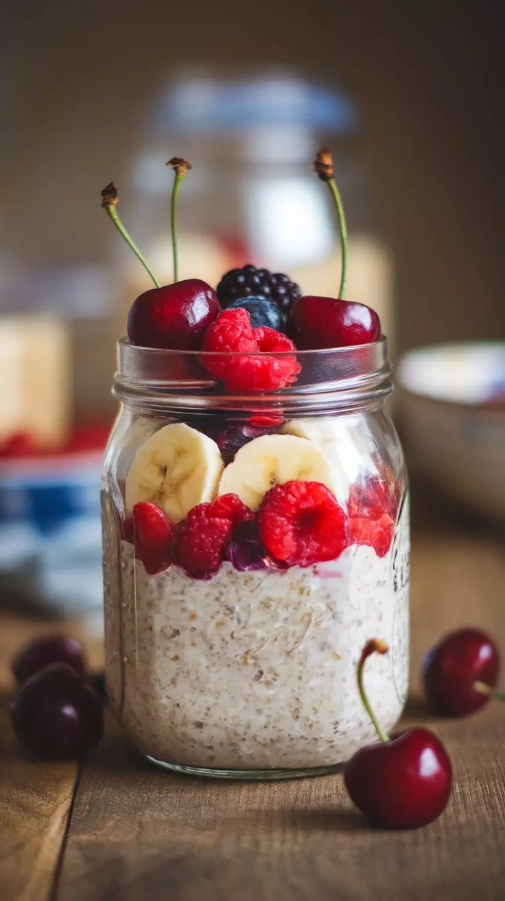 Cherry Berry and Banana Overnight Oats make breakfast easy and fun! With sweet cherries, vibrant raspberries, and creamy banana, this mix is a morning treat. You can find the full recipe here.