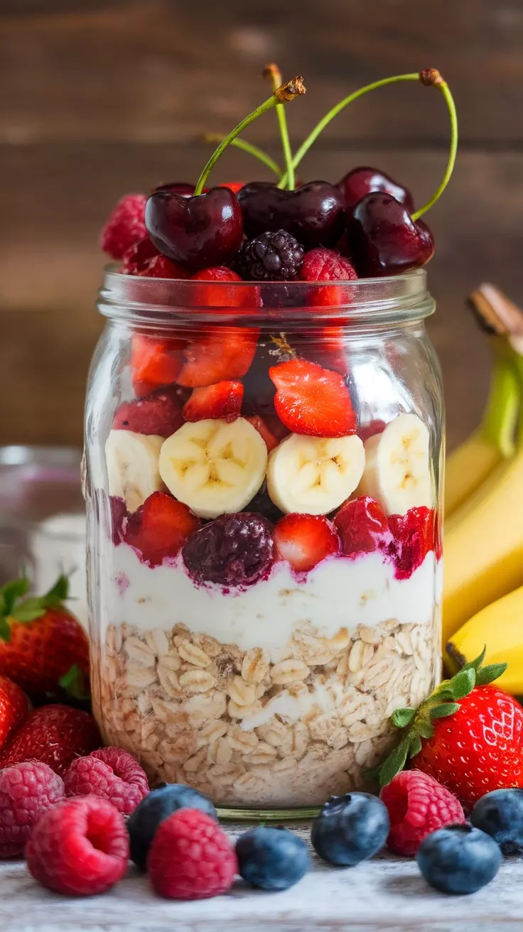 A jar filled with layers of oats, yogurt, strawberries, blueberries, raspberries, blackberries, and banana slices, topped with cherries.