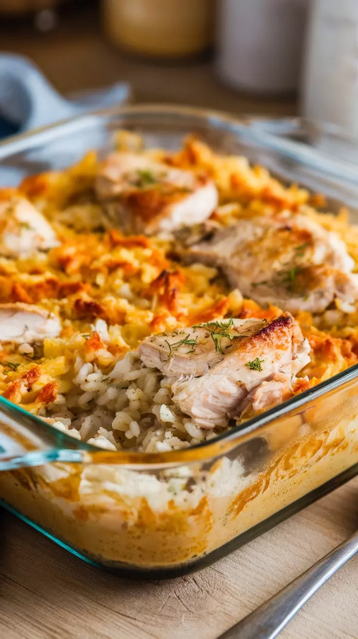 A delicious chicken and rice casserole topped with golden brown chicken pieces and baked to perfection.