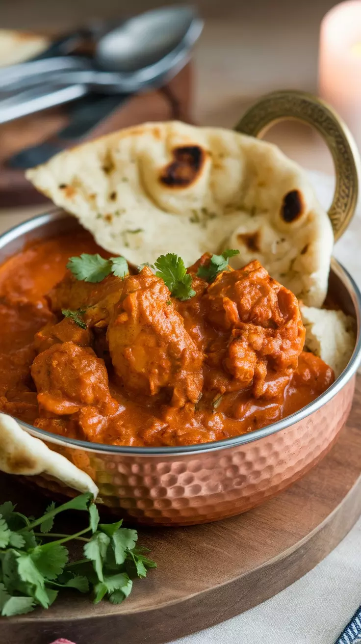 A bowl of chicken tikka masala with naan and cilantro