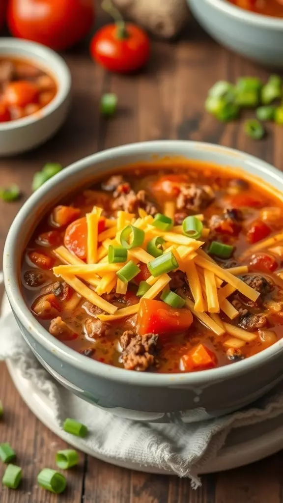 A bowl of chili cheeseburger soup garnished with cheese and green onions.