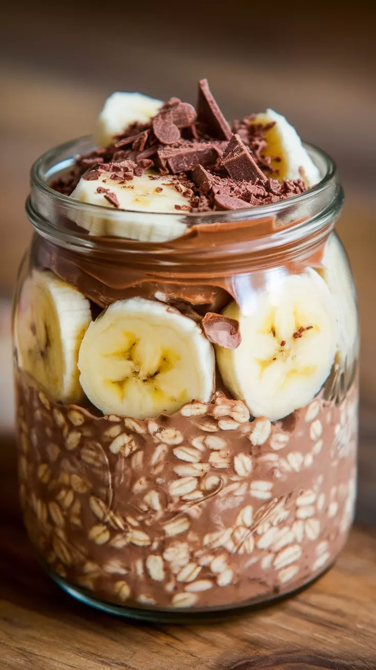 A jar of chocolate banana overnight oats topped with banana slices and chocolate shavings.