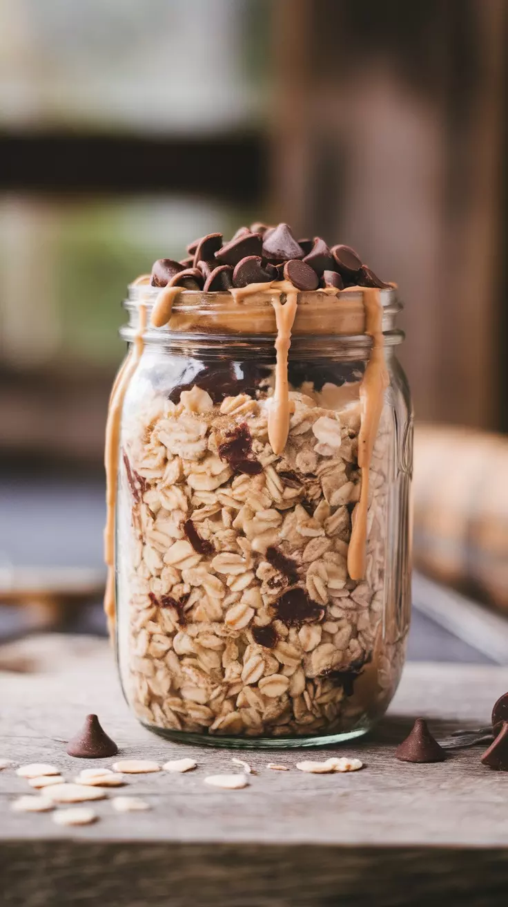 A jar of Chocolate Peanut Butter Delight Overnight Oats topped with chocolate chips and peanut butter.