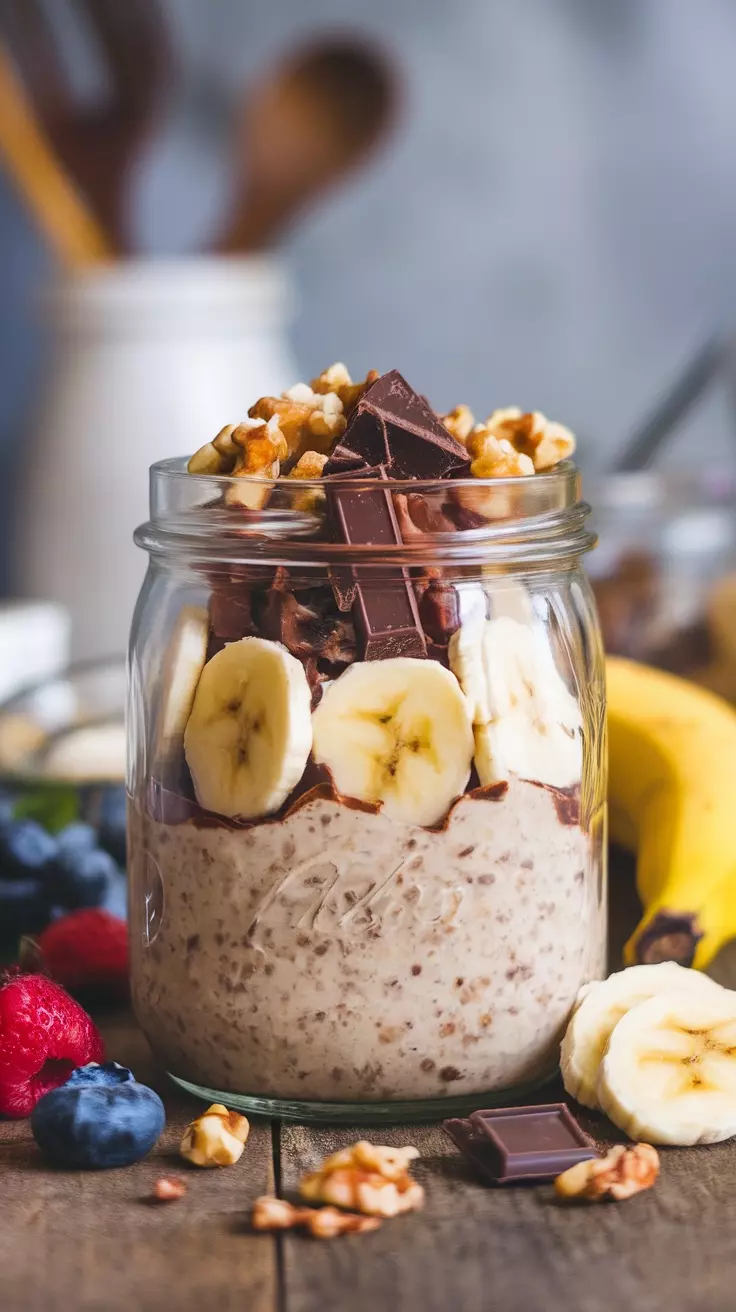 A jar of Chunky Monkey Overnight Oats topped with banana slices, chocolate, and walnuts