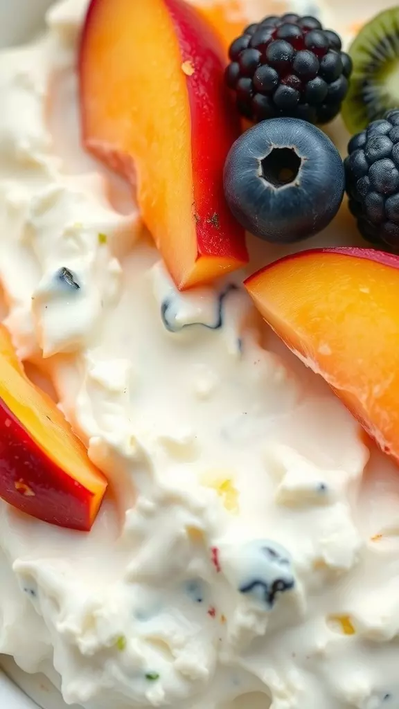 A bowl of cottage cheese topped with fresh fruit slices and berries.