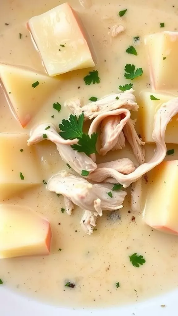 This creamy chicken and potato soup is a cozy dish that's perfect for chilly days. With tender chicken pieces and soft potatoes swimming in a rich, creamy broth, it's sure to warm you up. You can find the full recipe for this delicious soup here!